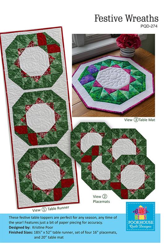 Festive Wreaths Table Runner Place Mats Quilt Pattern, Poorhouse Quilt Designs PQD-274