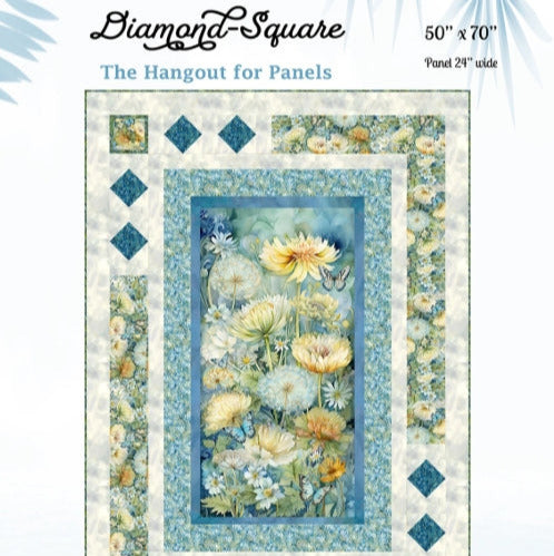 Panel friendly quilt pattern with a vertical center panel, surrounded by diamonds, squares and rectangles.