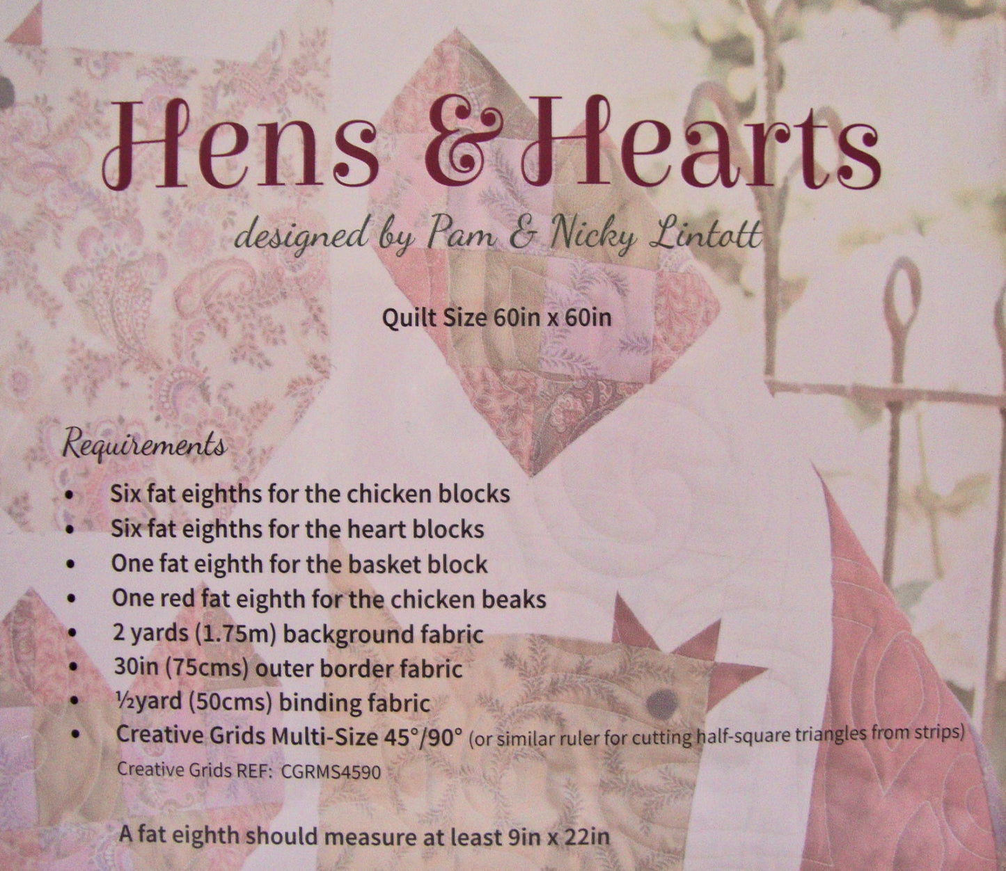 Hens and Hearts Quilt Pattern, The Quilt Room QR1502, Fat Eighths Friendly Chickens Hearts Baskets Square Throw Quilt Pattern