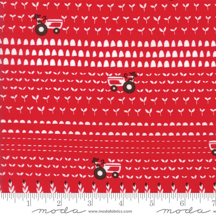 Farm Fun - Tractors Crops on Red Fabric, Moda 20535 12, Children's Novelty Fabric, By the Yard