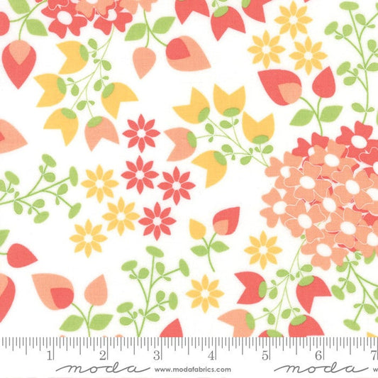 Sundrops - Small Yellow Coral Floral on White Fabric, Moda 29010 11, Modern Flower Buds on White Fabric, Corey Yoder, By the Yard