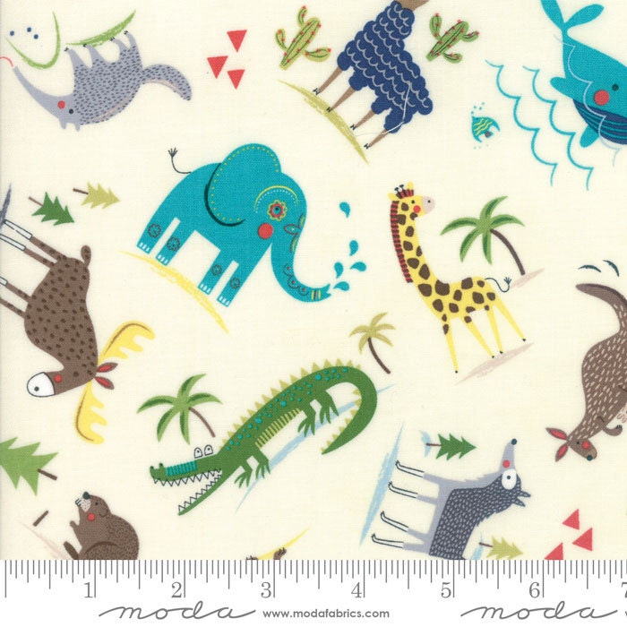 RARE Hello World - Wild Things Cream Fabric, Moda 35301 11, Children's Animals Baby Quilt Fabric, Abi Hall, By the Yard