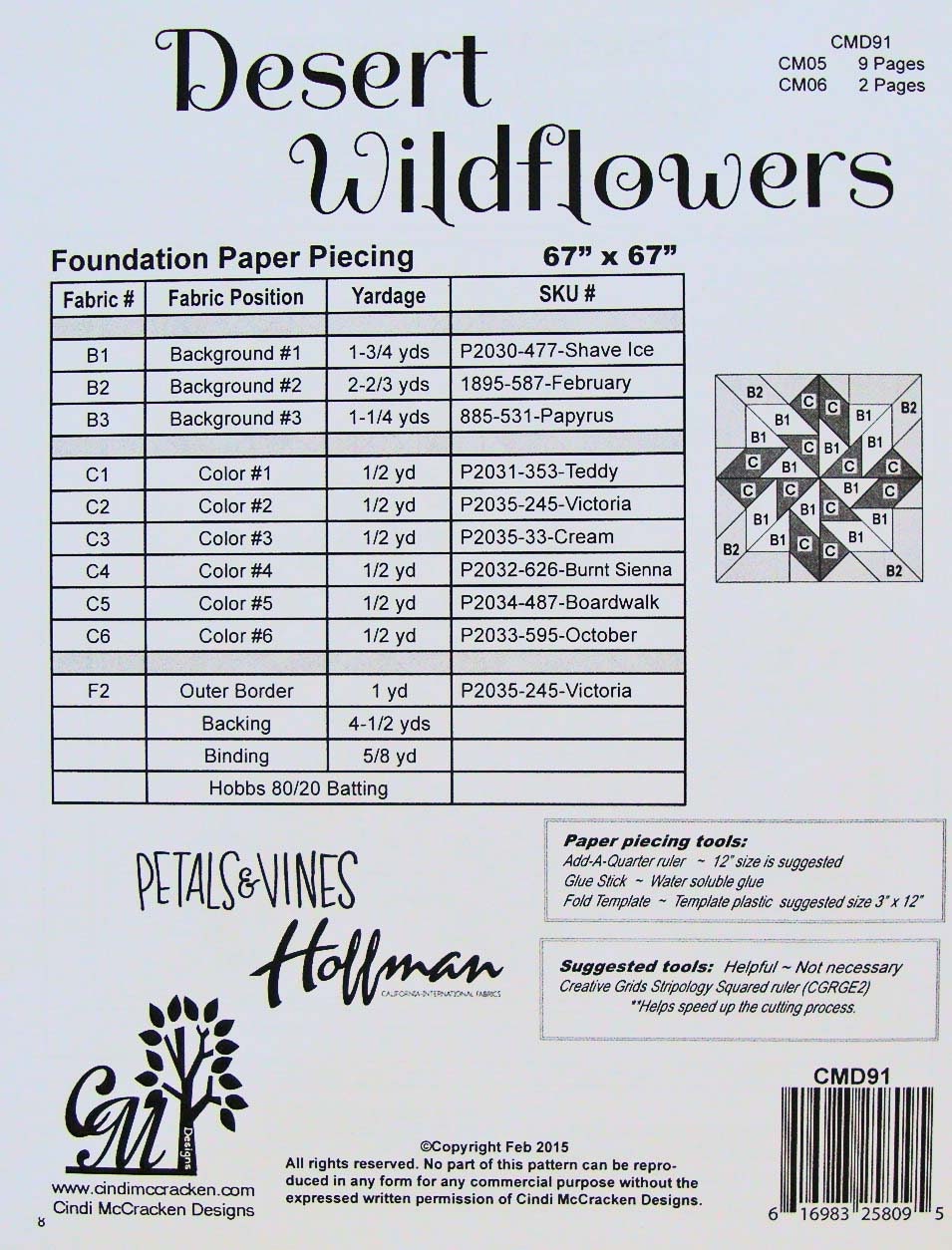 Desert Wildflowers FPP Quilt Pattern, Cindi McCracken Designs CMD91, Foundation Paper Pieced Contemporary Quilt Pattern