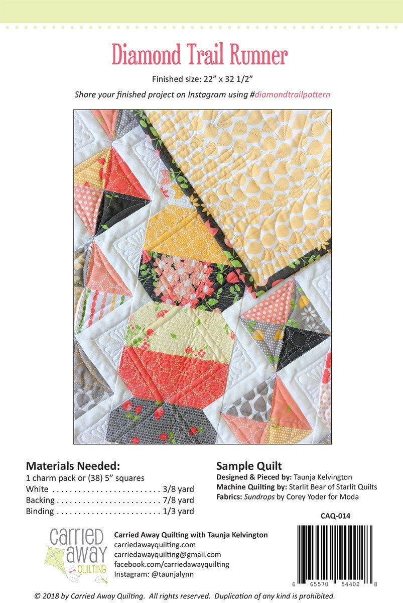 Diamond Trail Table Runner Quilt Pattern, Carried Away Quilting CAQ 014, Charm Pack Friendly Table Quilt Pattern