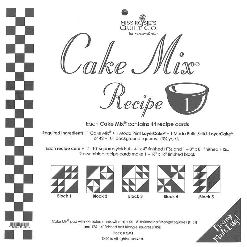Moda Cake Mix Recipe Card 1, Moda CM1, Layer Cake Friendly Foundation Paper Piecing FPP Papers, Multiple Layouts, Easy Paper Piecing Pattern