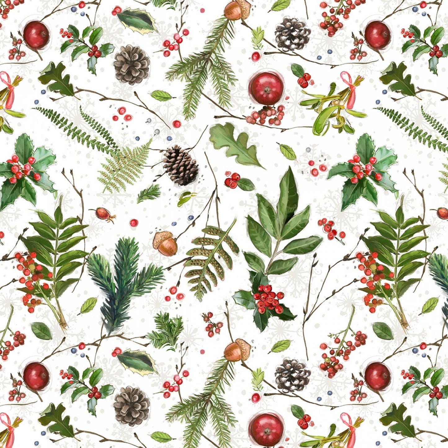 Friendly Gathering - Tossed Greenery on White Christmas Fabric, Wilmington Prints 3008 96422 173, Chad Barrett, By the Yard
