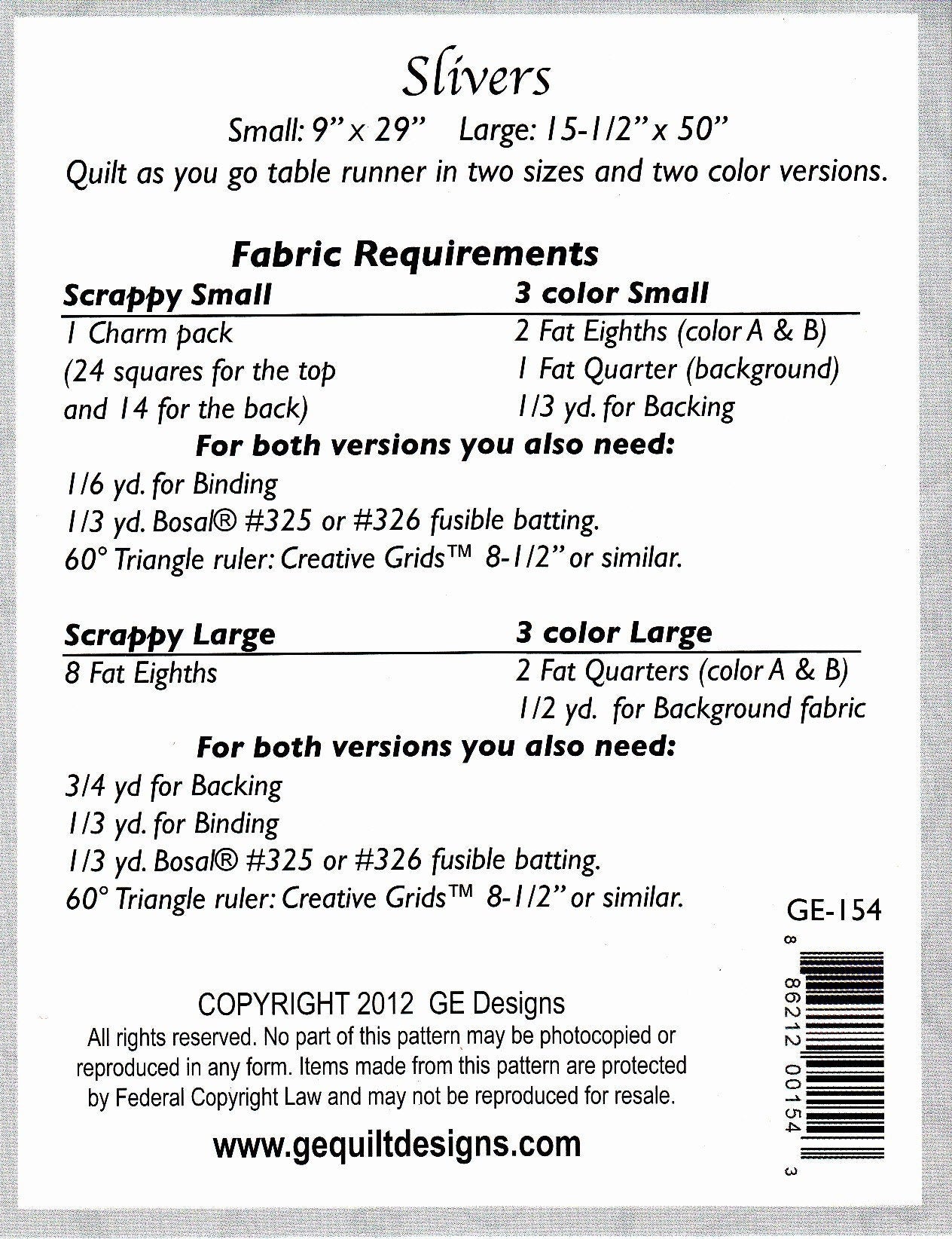 Slivers Table Runner Quilt Pattern, GE Designs Ge154, 5" Charm Square FQ F8 Scrap Friendly Table Quilt Pattern, Quilt As You Go Pattern qayg