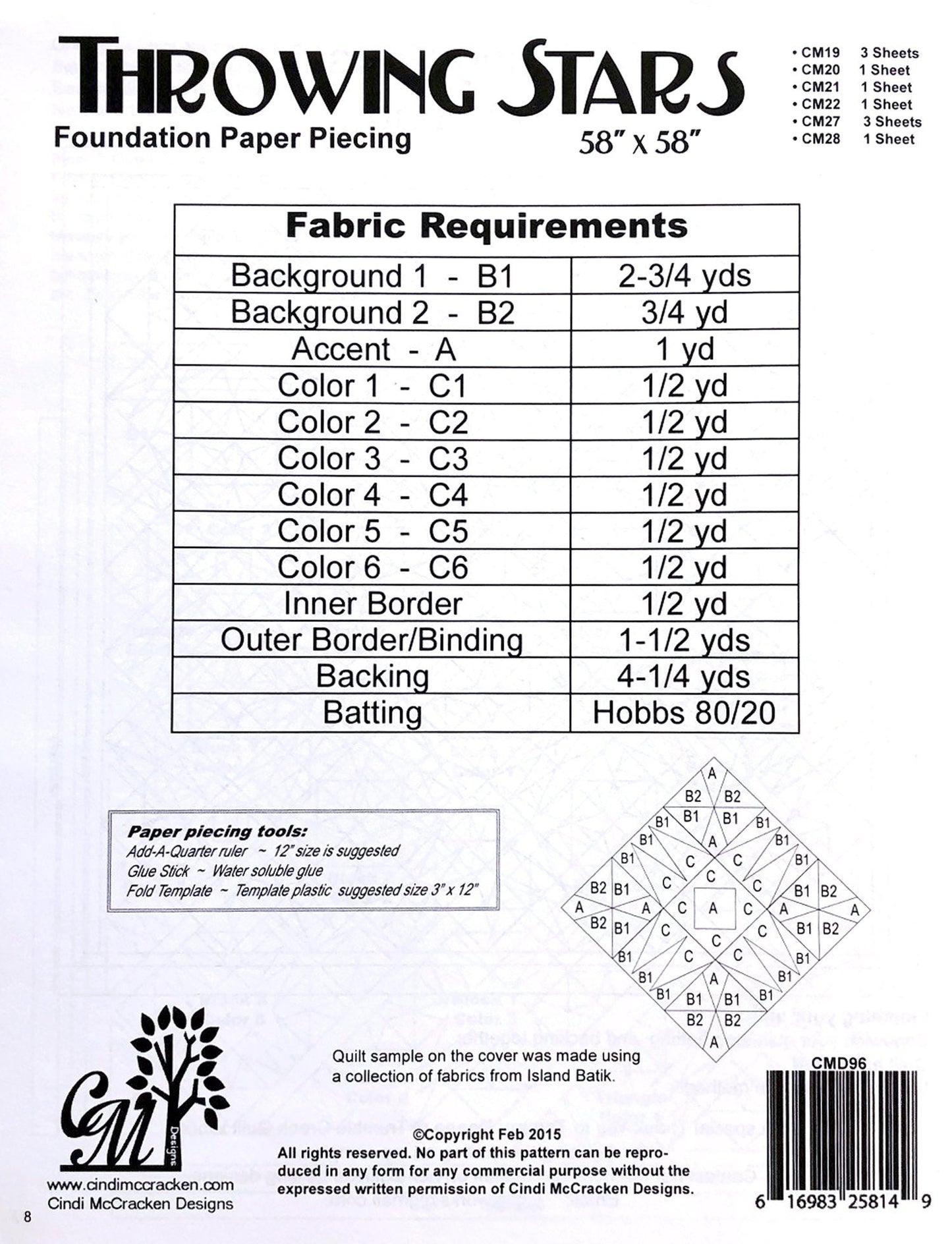 DESTASH Throwing Stars FPP Quilt Pattern, Cindi McCracken Design CMD96, Foundation Paper FPP Stars Square Lap Throw Quilt Pattern