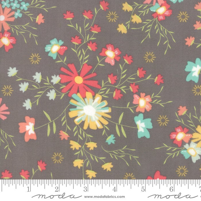 Sunnyside Up - Yellow Coral Aqua Floral on Gray Fabric, Moda 29051 24, Modern Flowers on Grey Fabric, Corey Yoder, By the Yard
