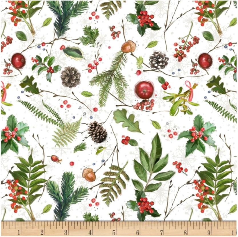 Friendly Gathering - Tossed Greenery on White Christmas Fabric, Wilmington Prints 3008 96422 173, Chad Barrett, By the Yard