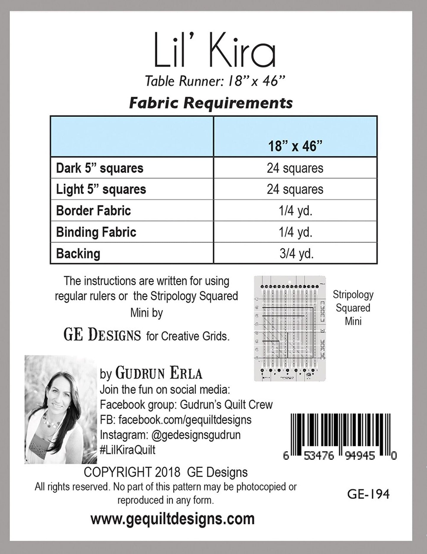 LAST CALL Lil' Kira Quilted Table Runner Pattern, GE Designs GE194