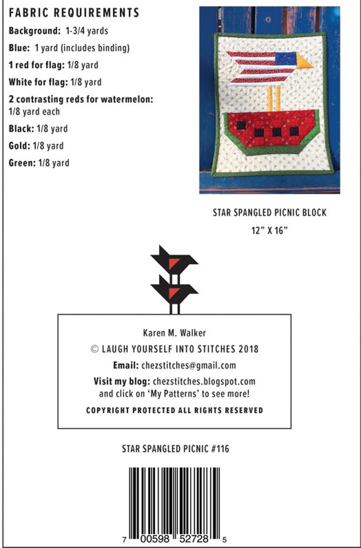 Star Spangled Picnic Quilt Pattern, Laugh Yourself into Stitches LYS116, Patriotic Bird Watermelon USA Flags Lap Wall Quilt Pattern
