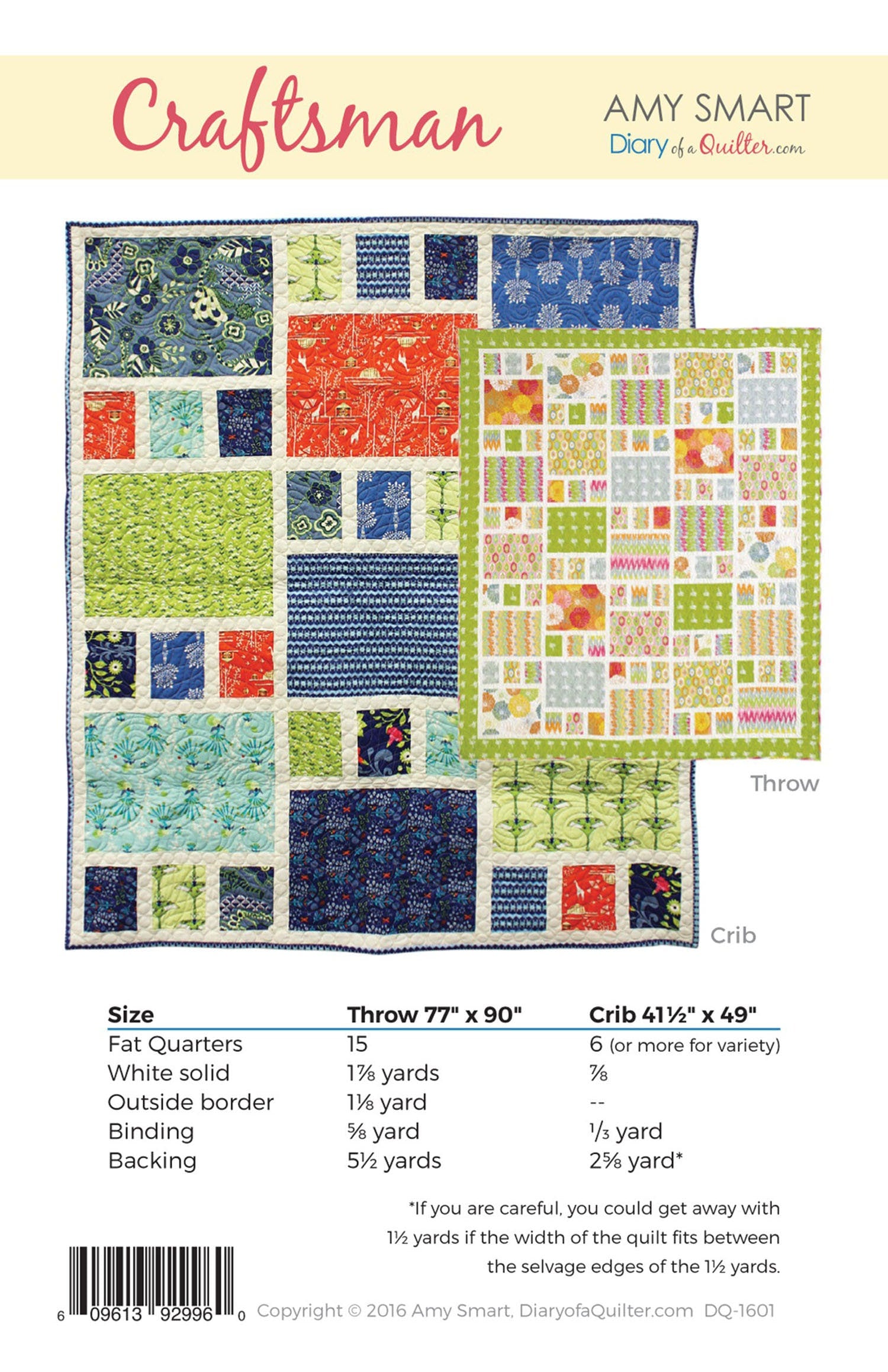 Craftsman Quilt Pattern, Diary of a Quilter DQ-1601, Easy Fat Quarter FQ Friendly Lap Crib Throw Quilt Pattern, Amy Smart
