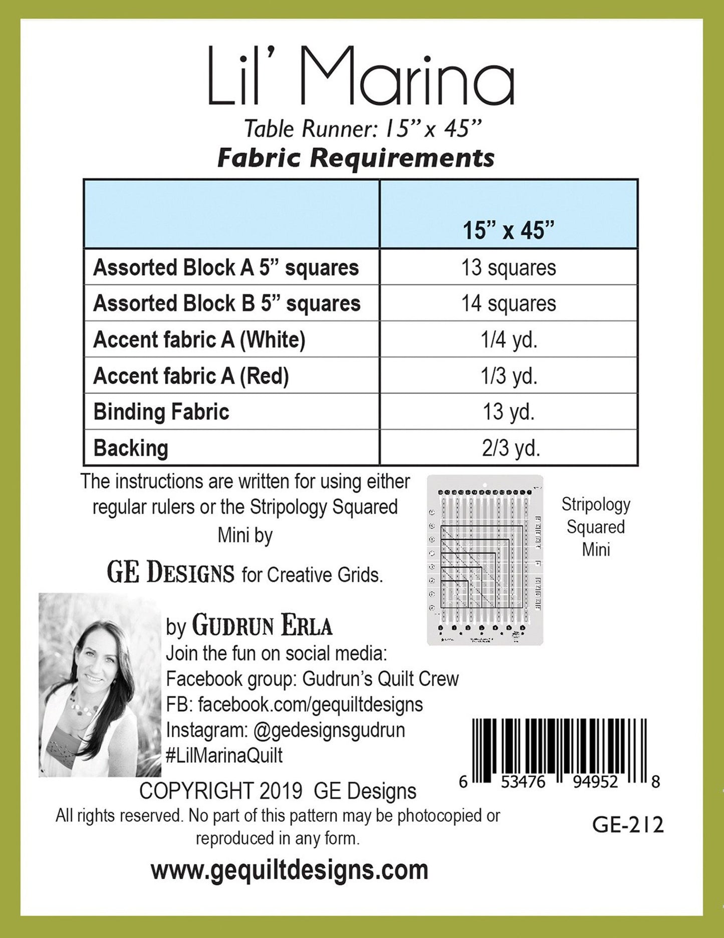 Lil' Marina Quilted Table Runner Pattern, GE Designs GE-212, Charm Pack Friendly Table Runner Topper Quilt Pattern, Stripology Ruler Pattern