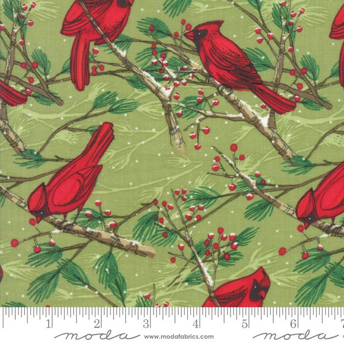 REMNANT 1 Yard 5" of Splendid - Christmas Cardinals on Green Fabric, Moda 48651 15 Leaf, Christmas Xmas Bird Cardinal Fabric, Robin Pickens