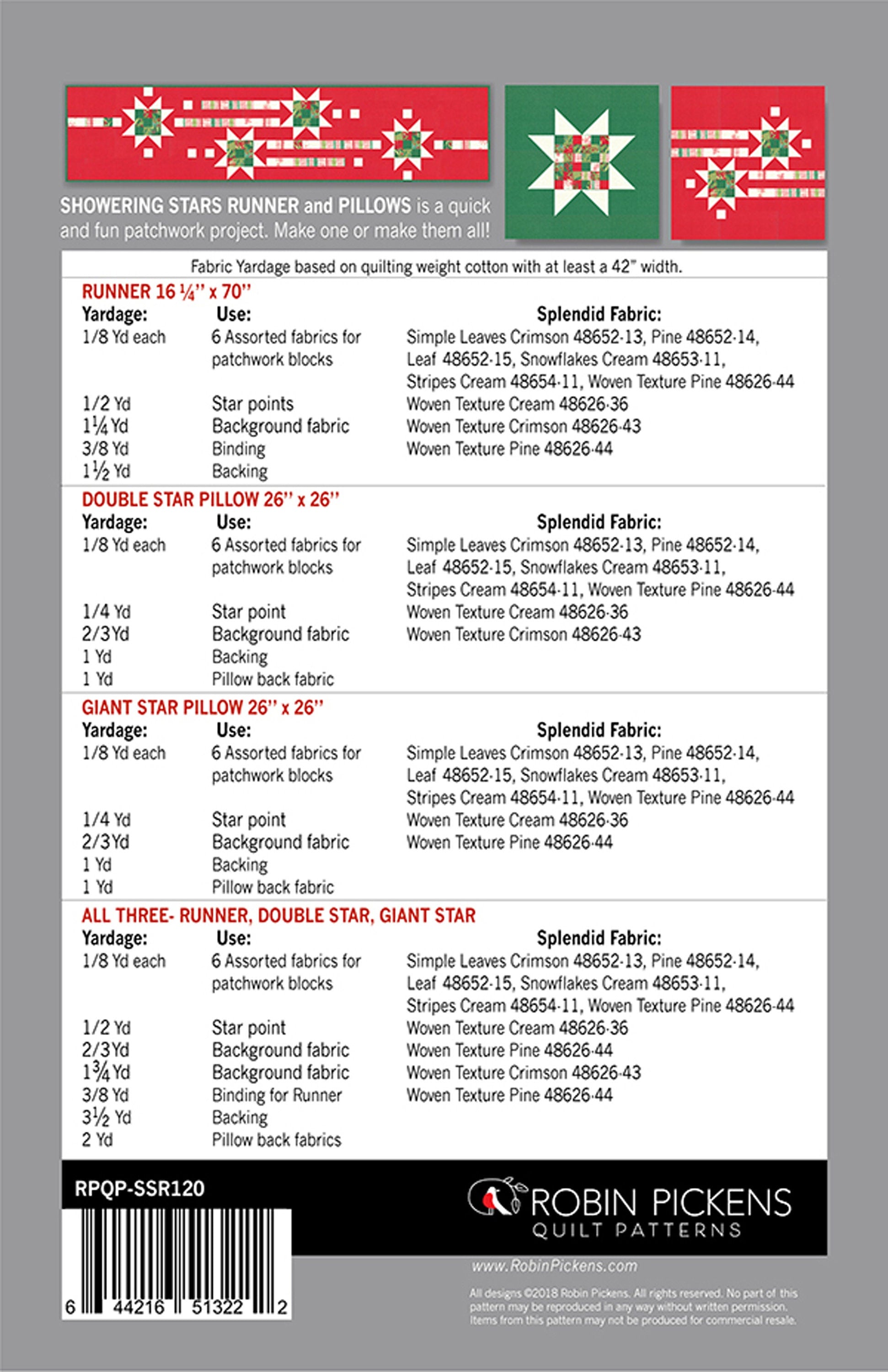 Showering Stars Quilted Table Runner, Robin Pickens RPQP SSR120, Star Table Runner and Pillow Cover Quilt Pattern