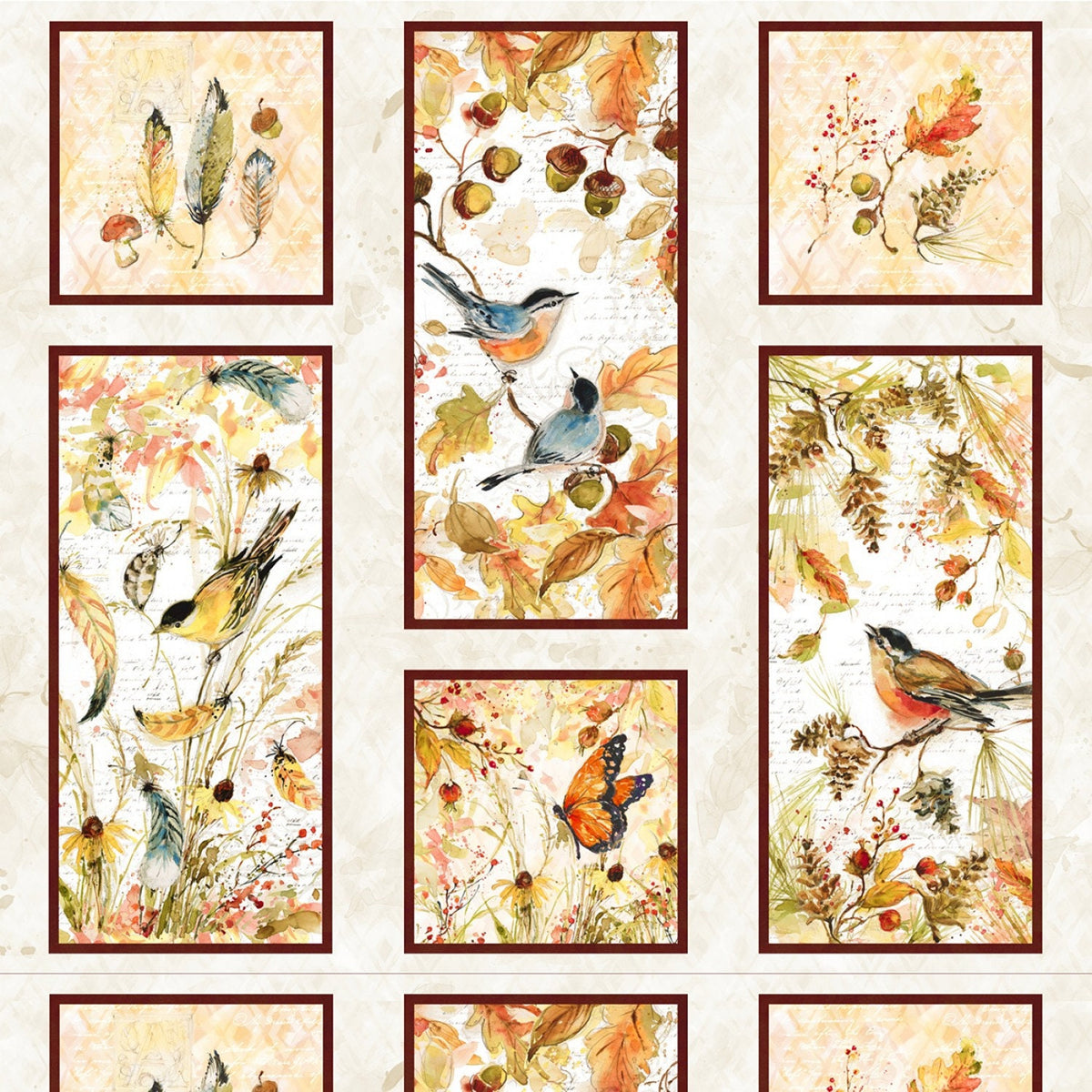 RARE Forest Dance 24" Fabric Blocks Panel, Wilmington Prints 39610-152, Watercolor Autumn Birds Fabric Panel, Autumn Fall Craft Panel