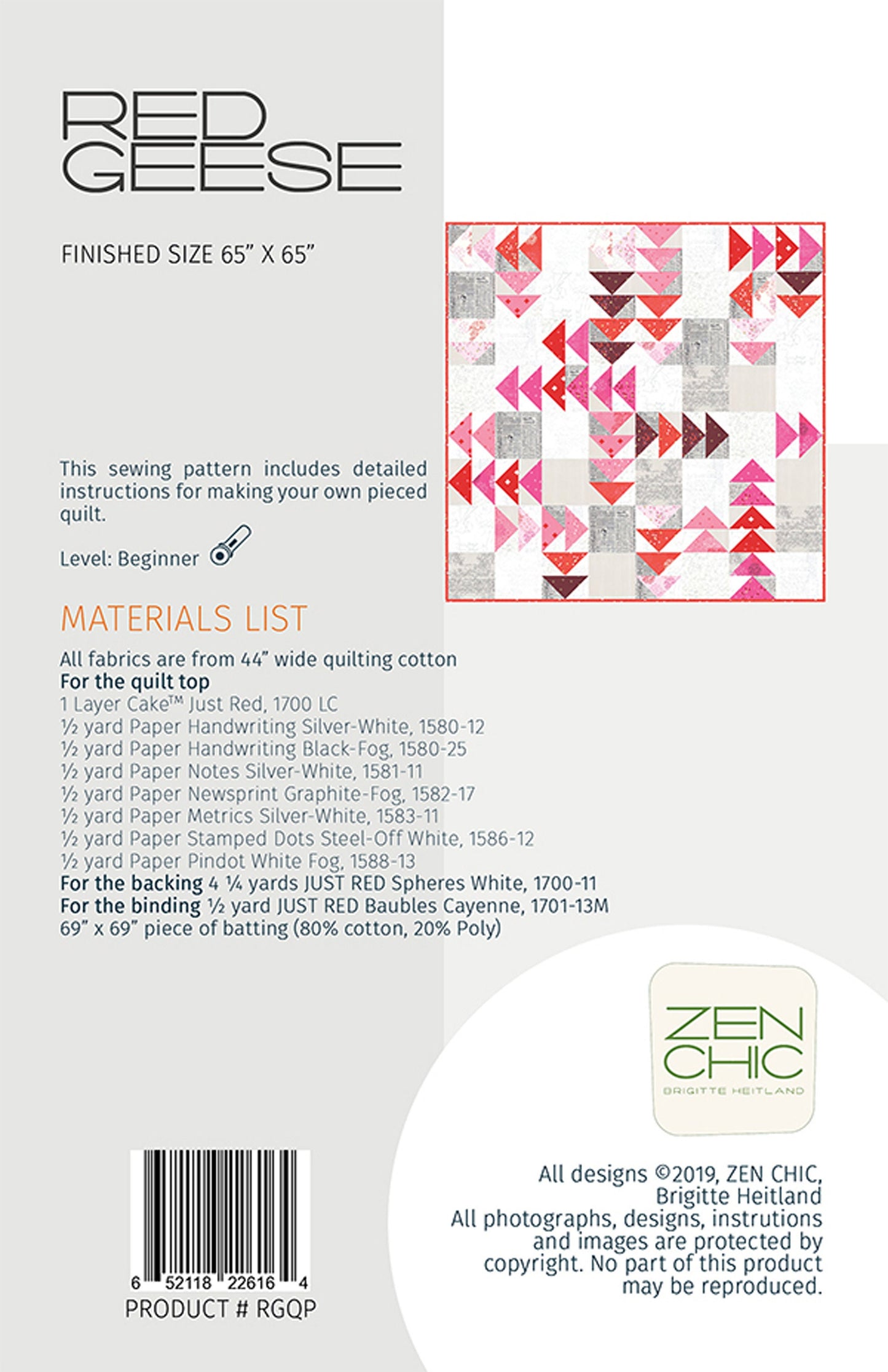 Red Geese Quilt Pattern, Zen Chic RGQP, Layer Cake Friendly Modern Flying Geese Quilt Pattern, Twisted Geese, Brigitte Heitland