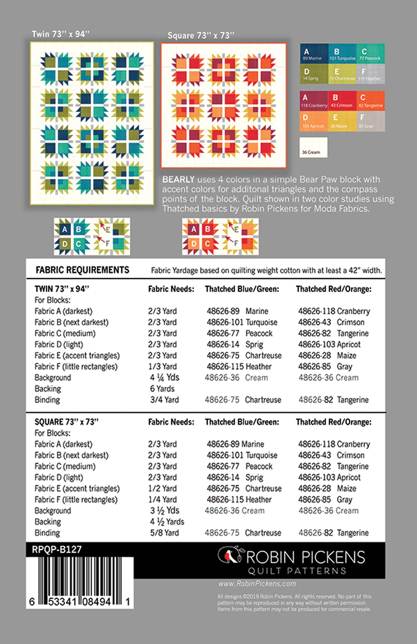 Bearly Quilt Pattern, Robin Pickens RPQP-B127, Yardage Friendly Bear Paw Claw Quilt Pattern, Modern Throw Twin Queen Quilt Pattern