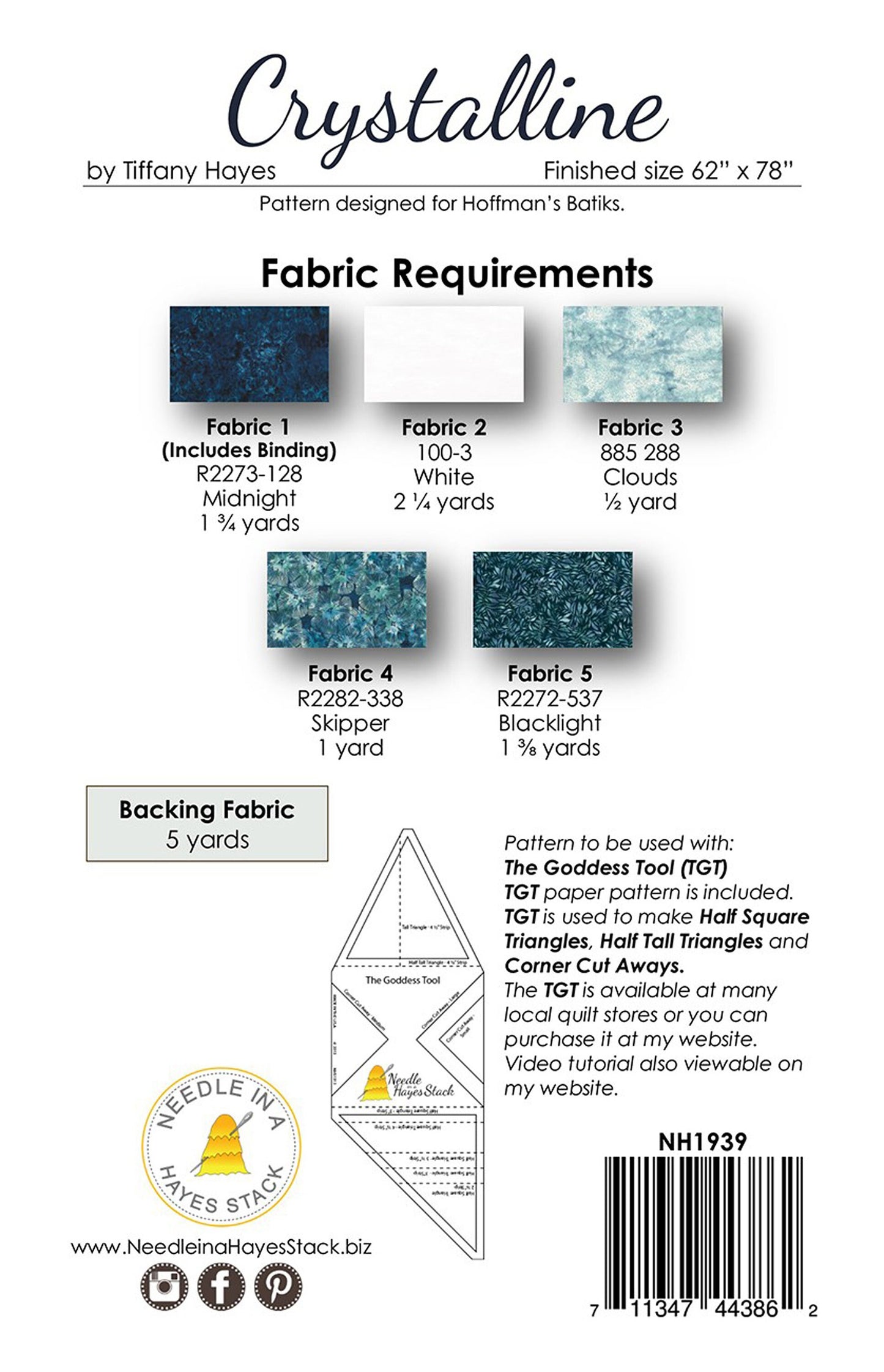 Crystalline Quilt Pattern, Needle in a Hayes Stack NH1939, The Goddess Tool Patterns for Yardage, Modern Throw Quilt, Tiffany Hayes