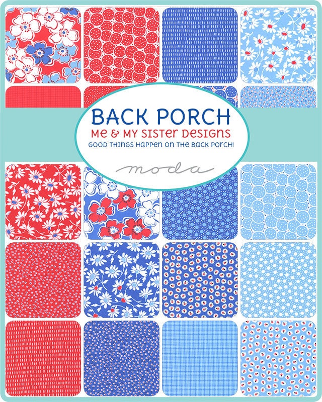 DESTASH Back Porch 10" Layer Cake, Moda 22390LC, 10" Precut Patriotic Floral Layer Cake Fabric Squares, Red White Blue, Me and My Sister
