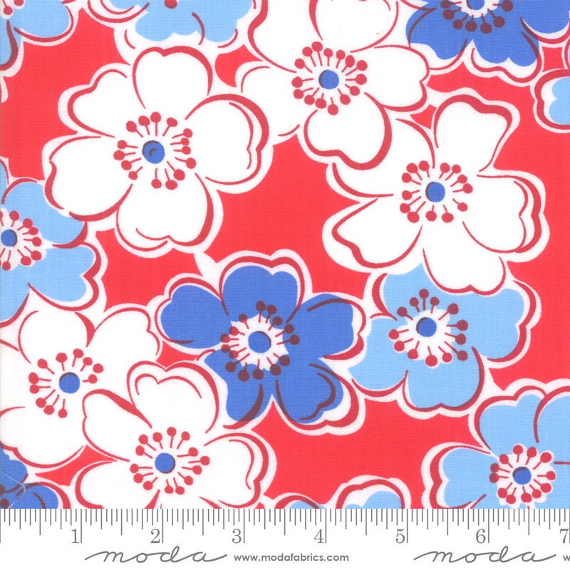 DESTASH Back Porch 10" Layer Cake, Moda 22390LC, 10" Precut Patriotic Floral Layer Cake Fabric Squares, Red White Blue, Me and My Sister