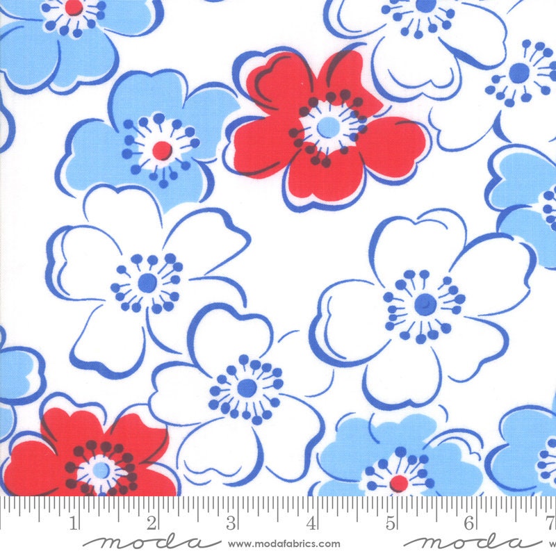 DESTASH Back Porch 10" Layer Cake, Moda 22390LC, 10" Precut Patriotic Floral Layer Cake Fabric Squares, Red White Blue, Me and My Sister
