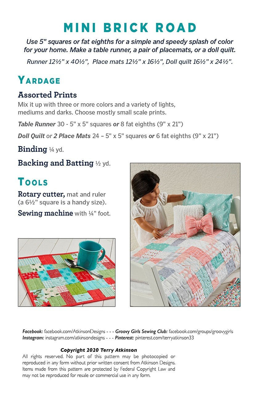 Mini Brick Road Table Runner Quilt Pattern, Atkinson Designs ATK-205, Charm Pack Fat Eighths Friendly Pattern, Easy Beginner Quilt Pattern
