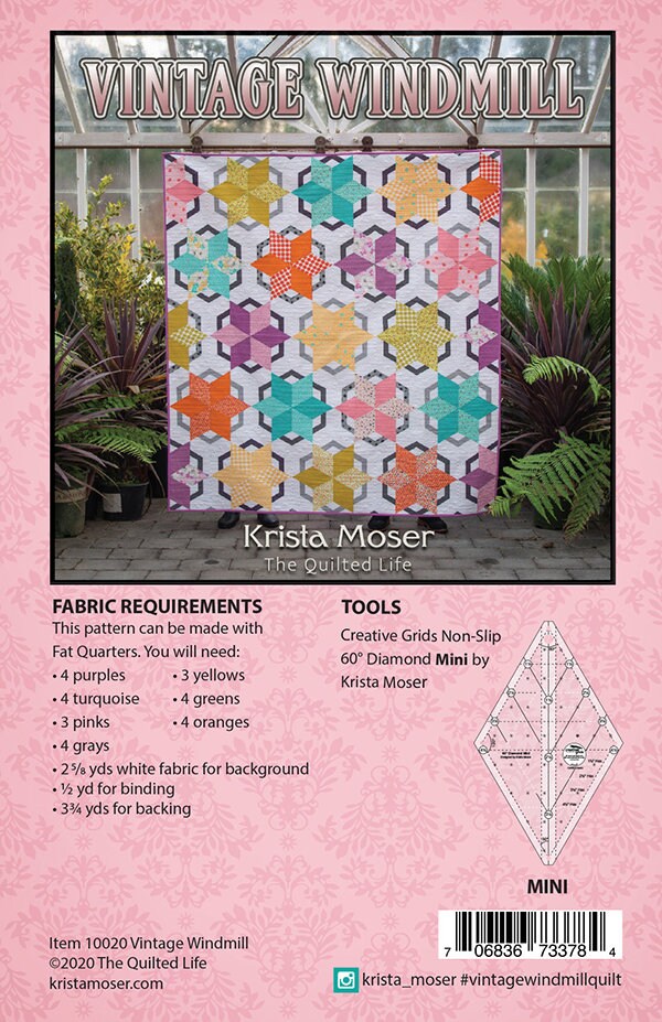 Vintage Windmill Quilt Pattern, The Quilted Life TQL10020, Fat Quarter Friendly Star Pattern, Creative Grids Diamond Mini Ruler CGR60DIAMINI