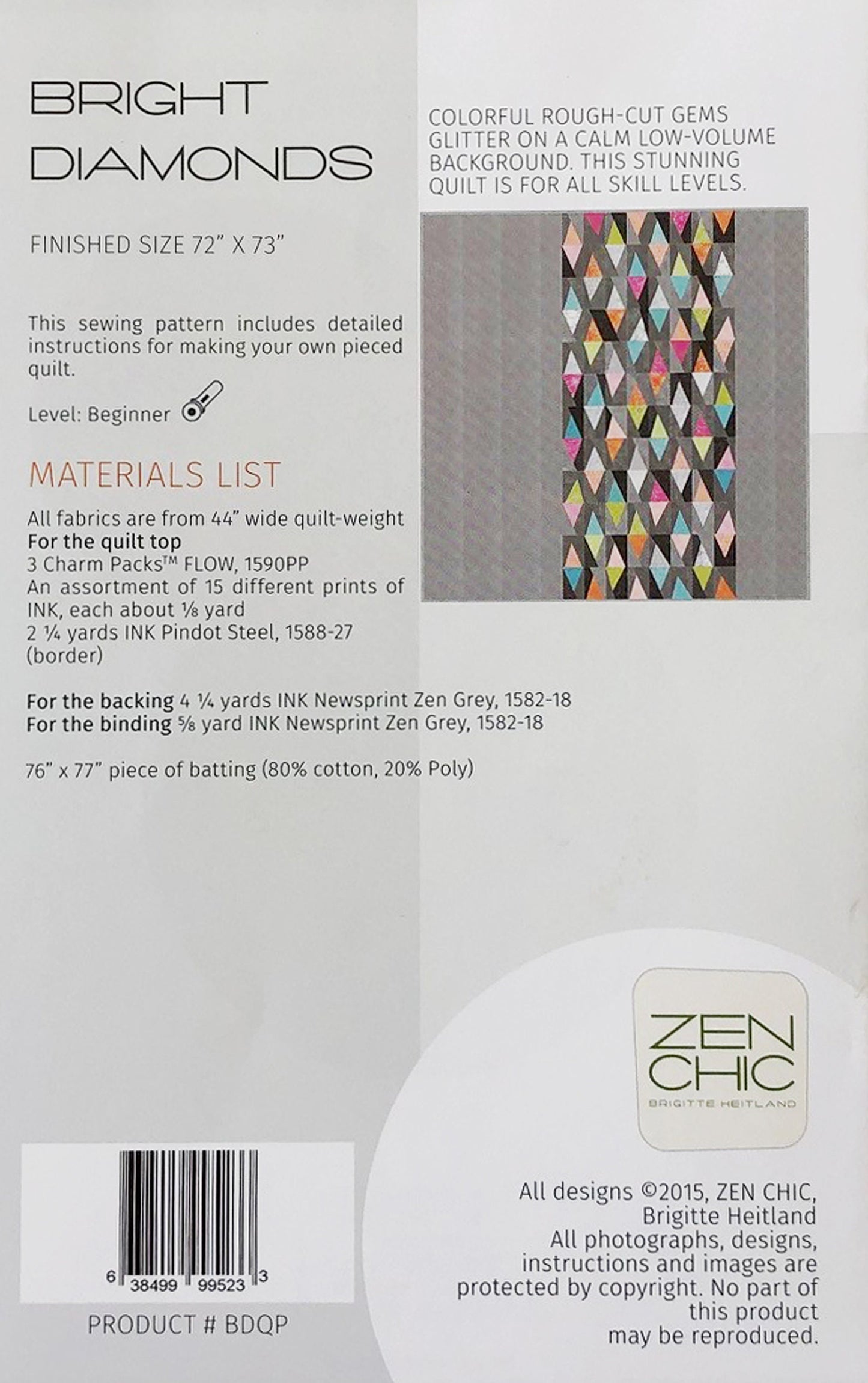 Bright Diamonds Quilt Pattern, Zen Chic BDQP, Charm Pack Friendly Split Diamonds Contemporary Throw Quilt Pattern, Brigitte Heitland