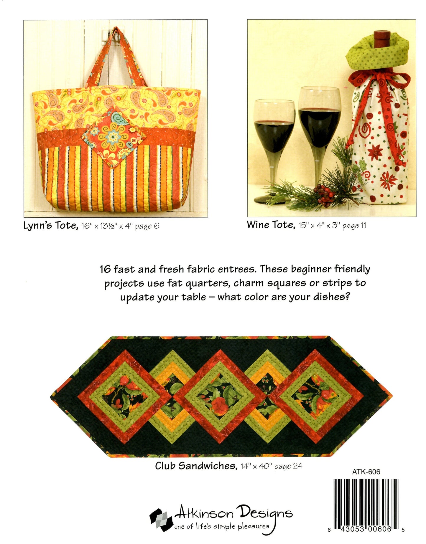 Let's Do Lunch Quilt Pattern Book, Atkinson Designs ATK606, Table Runner Place Mats Patterns, Project Book, Tote Bag Pattern