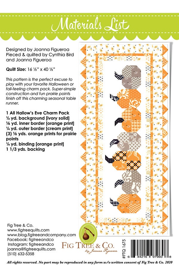 Pumpkins in a Row Table Runner Quilt Pattern, Fig Tree & Co FTQ1675, Charm Pack Friendly Harvest Thanksgiving Halloween Pumpkin Quilt