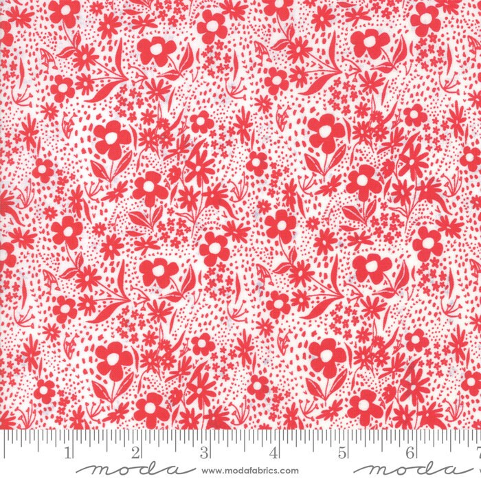 LAST CALL Farm Charm - Red Flowers on White Fabric, Moda 48295 24, Farm Charm Cloud Rooster Red, Red Floral Fabric, Gingiber, By the Yard