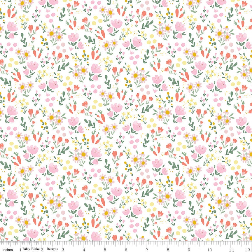 LAST CALL - Easter Egg Hunt Floral White Fabric, C10274-WHITE, All Over Flowers Carrots Fabric, Riley Blake, By the Yard