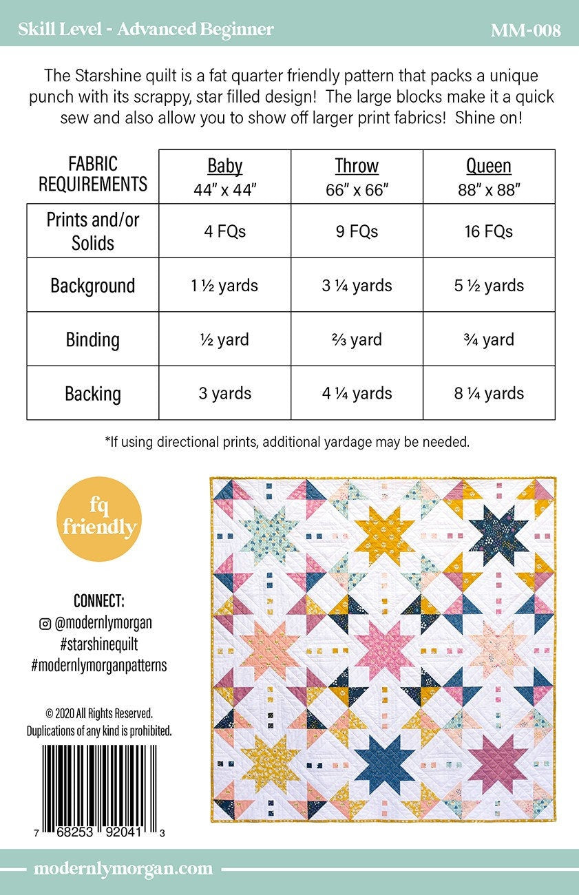Starshine Quilt Pattern, Modernly Morgan MM-008, Fat Quarter Friendly, Beginner Star Baby Throw Queen Quilt Pattern, Morgan McCollough
