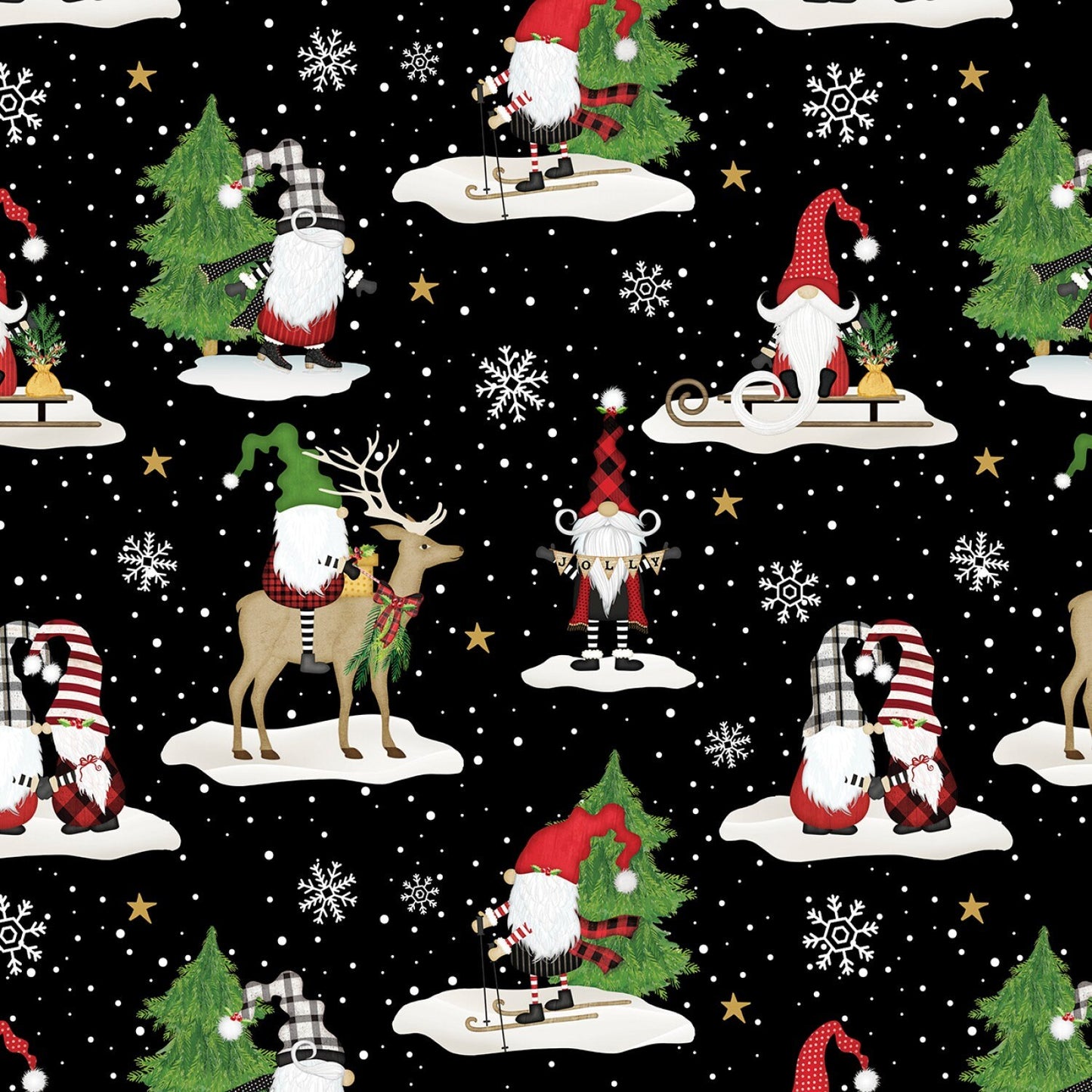 REMNANT 25" of Gnome-antics Christmas Fabric, Wilmington Prints 82623-973, Gnomes Scenic Vignettes on Black Fabric, Jennifer Pugh