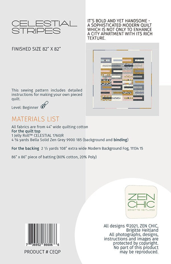 Celestial Stripes Quilt Pattern, Zen Chic ZC CEQP, Jelly Roll Friendly Modern Throw Quilt Pattern, Contemporary Quilt
