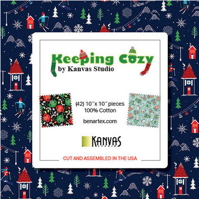Keeping Cozy Layer Cake, Kanvas Benartex KCZ10PK, Christmas Xmas Layer Cake Fabric, 10" Precut Fabric Squares, Snowglobes Fabric