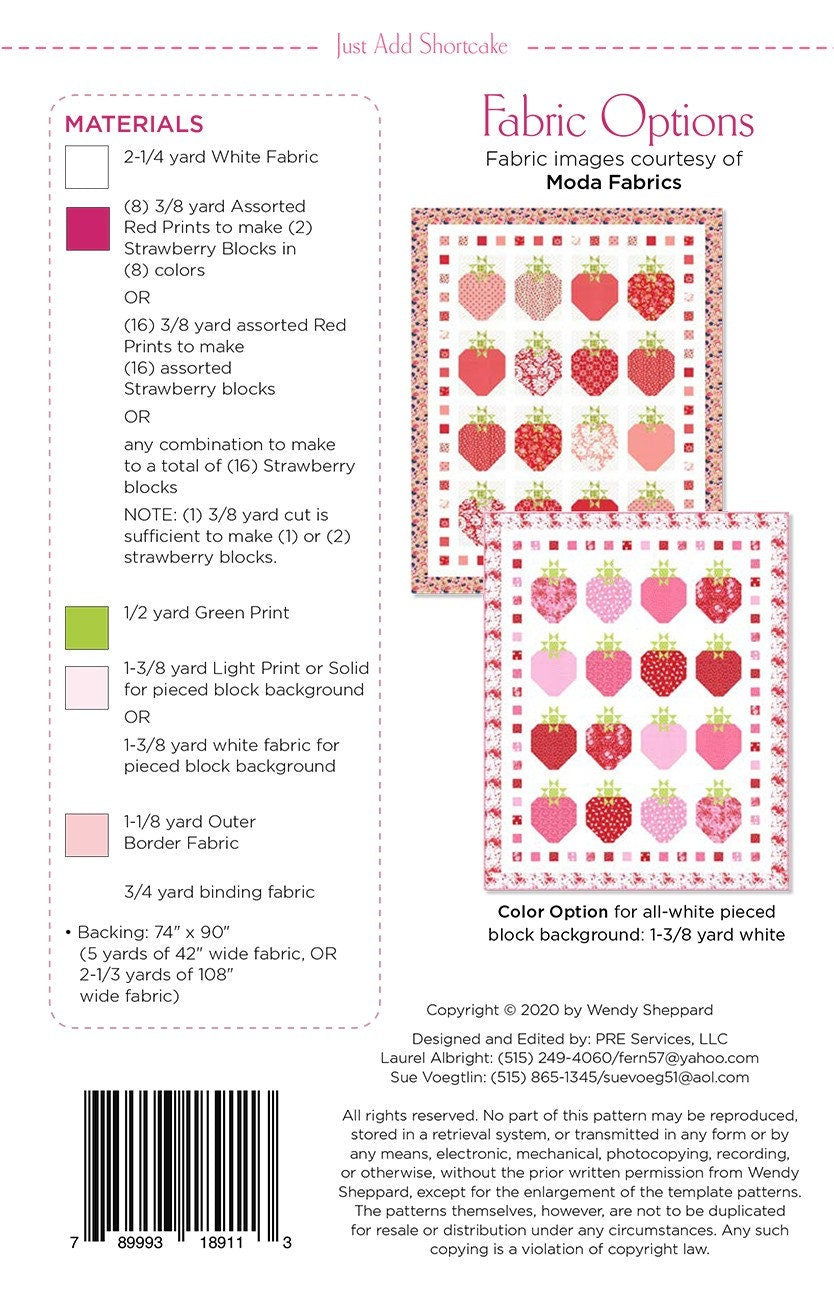 Just Add Shortcake Quilt Pattern, Wendy Sheppard WS11, Yardage Friendly Strawberries Strawberry Throw Quilt Pattern