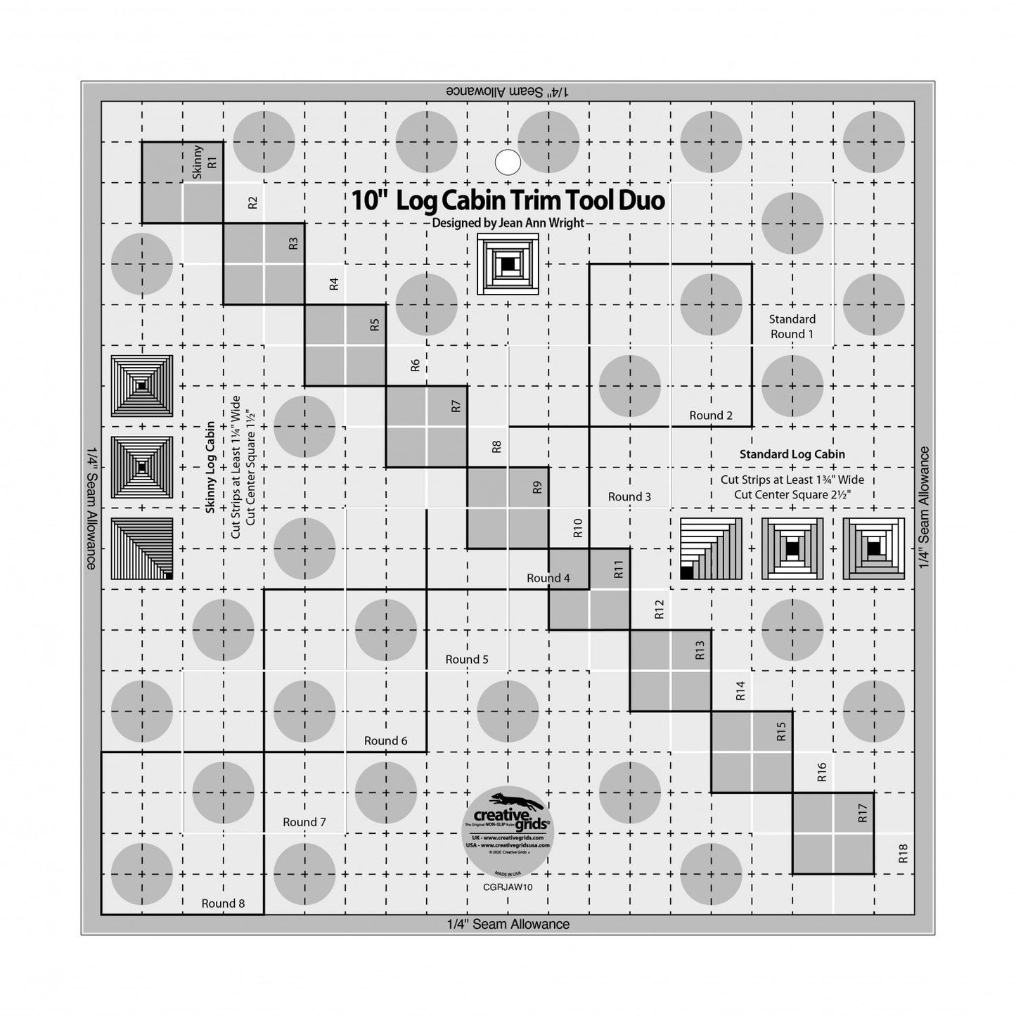 10" Log Cabin Trim Tool Duo, Creative Grids CGRJAW10, Quilting Ruler Tool, Non-Slip Ruler, Log Cabin Ruler