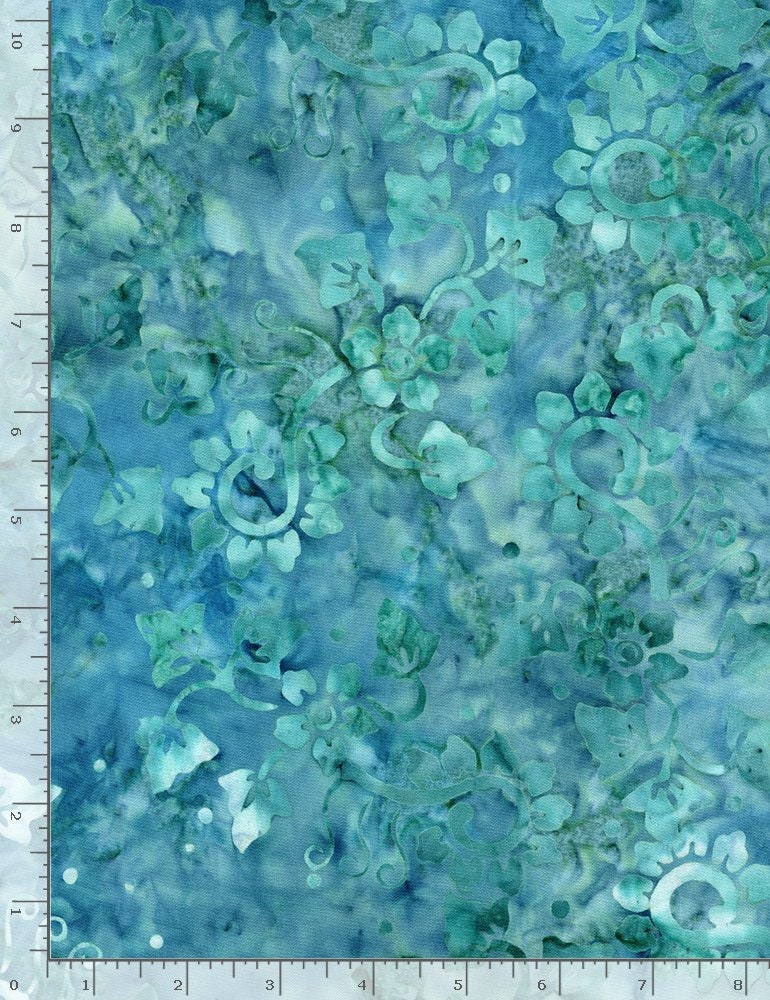REMNANT 3 Yards 7" of 106" Xtonga Oasis - Blue Green Floral Batik Wide Quilt Back Fabric, Timeless Treasures B4590 Oasis
