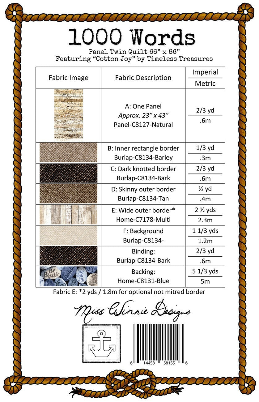 1000 Words Panel Frame Quilt Pattern, Miss Winnie Designs MWD1W18, Panel Friendly Throw Quilt Pattern