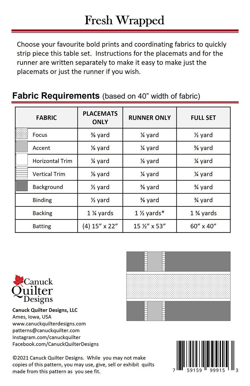 Fresh Wrapped Quilt Pattern, Canuck Quilter Designs CQ9153, Table Runner Place Mats Quilt Pattern, Patterns for Yardage