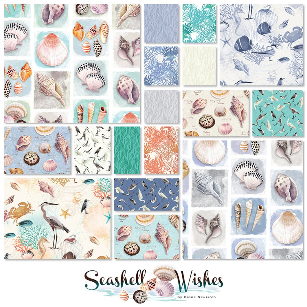 Seashell Wishes 5" Charm Pack OOP, Clothworks SQ0364, Beach Nautical Ocean Life Charm Pack Fabric, 5" Precut Fabric Squares, Teresa Magnuson