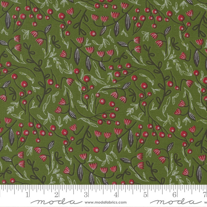 REMNANT 24" of Merrymaking - Winter Berries Floral Red Green Metallic Fabric, Moda 48344 14M, Christmas Xmas Quilt Fabric, Gingiber