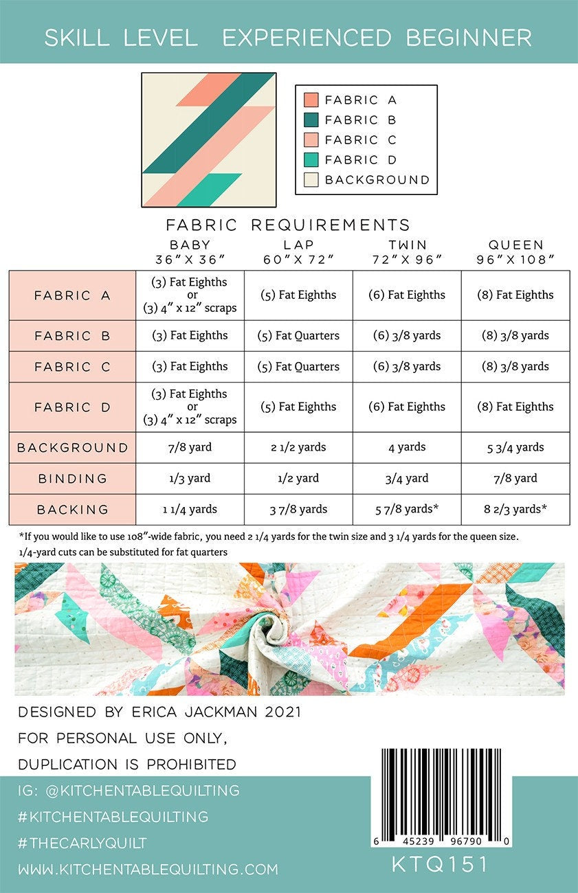 LAST CALL - The Carly Quilt Pattern, KTQ151, F8 Fat Eighths Friendly, Baby Lap Twin Queen Bed Quilt Pattern, Kitchen Table Quilting