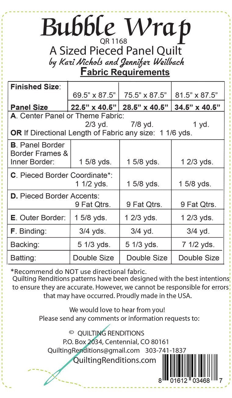 Bubble Wrap Quilt Pattern, Quilting Renditions QR1168, Fabric Panel Friendly Throw Quilt Pattern, Panel Frame Pattern