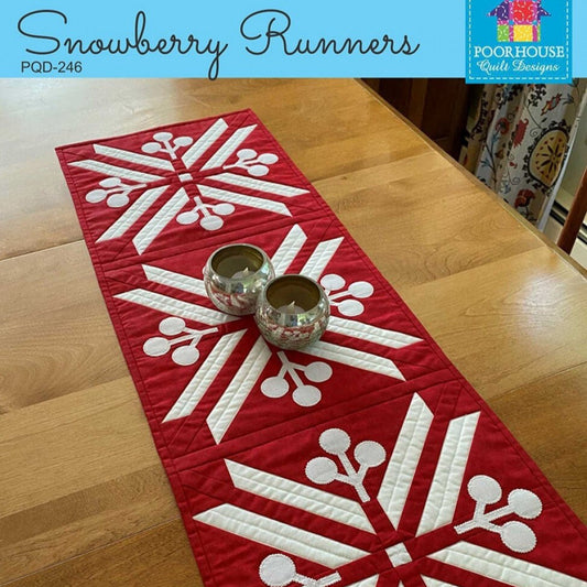 Snowberry Runner Quilt Pattern, Poor House Quilt Designs PQD246, Yardage Friendly Snowflake Berries Table Runner Topper Quilt Pattern