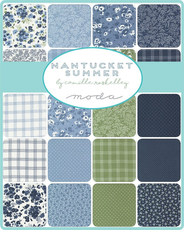 Nantucket Summer Layer Cake, Moda 55260LC, 10" Inch Precut Fabric Quilt Squares, Blue Green Floral Quilt Fabric, Camille Roskelley