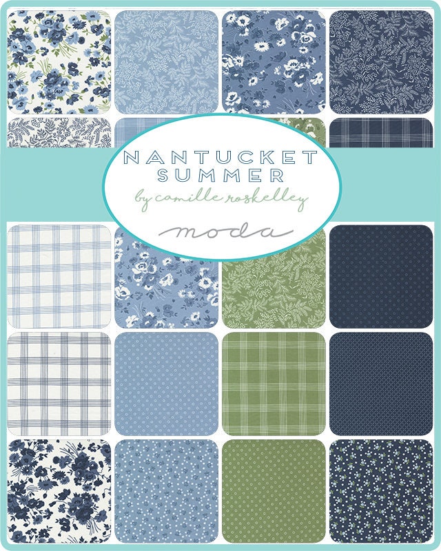 Nantucket Summer 5" Charm Pack, Moda 55260PP, Blue Green Floral Charm Pack Fabric, 5" Precut Fabric Squares, Camille Roskelley